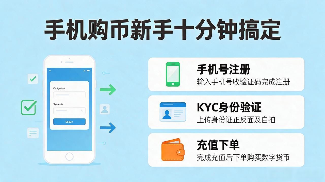手机怎样购买数字货币？新手跟着做，注册充值下单十分钟搞定
