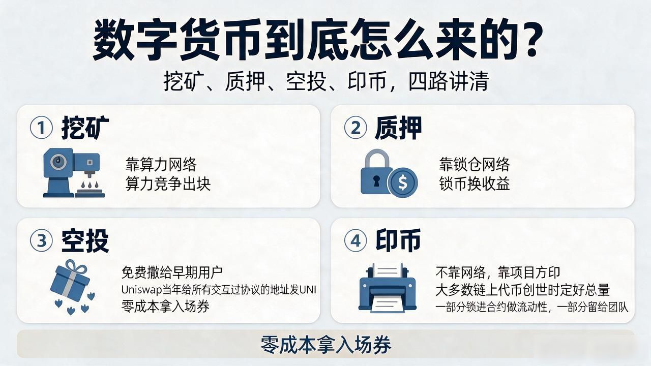 数字货币到底怎么来的？挖矿、质押、空投、印币，四路讲清